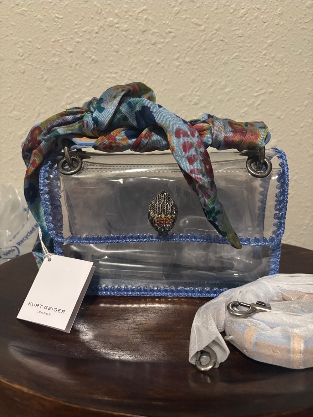 Kurt Geiger Clear Shoulder Bag with Light Blue Trim and Floral Scarf Handle